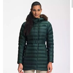 Women's Green Puffer Jacket with Faux Fur Hood
